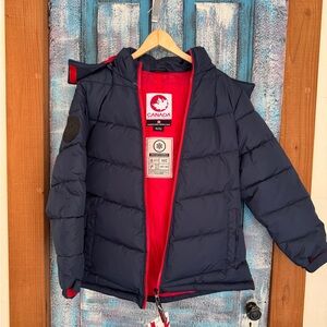 Canada Goose-Style Navy Puffer Jacket with Red Interior